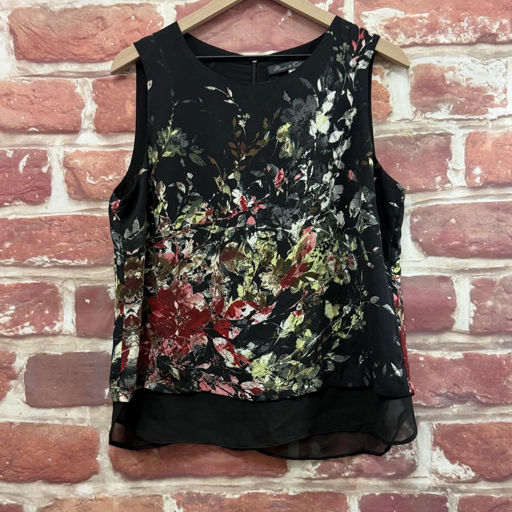 Rose & Olive Top Women's Medium Black Multicolor Garden Floral Abstract Shirt